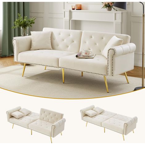 Divano dritto in velluto a 2 posti, con schienale regolabile in 3 posizioni, 2 cuscini, divano relax imbottito, 173×75×70 cm, beige