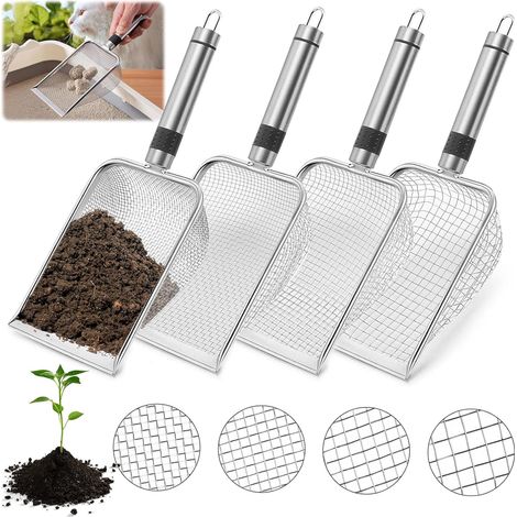 Juego de 4 tamices de jardín, tamices para compost, tamices para tierra, tamices de jardín, tamices para compost con asas, tamices de jardín, pala tamizadora con malla de 2/2,8/3,8/5 mm, tamices de ja