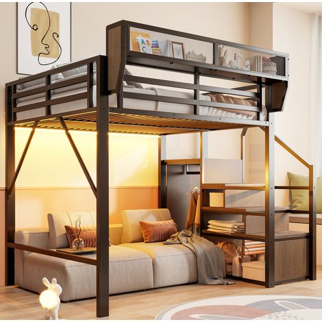 Etagenbett 140/200 cm en métal noir avec LED, échelle de sécurité et étagère modulable (1/5)
