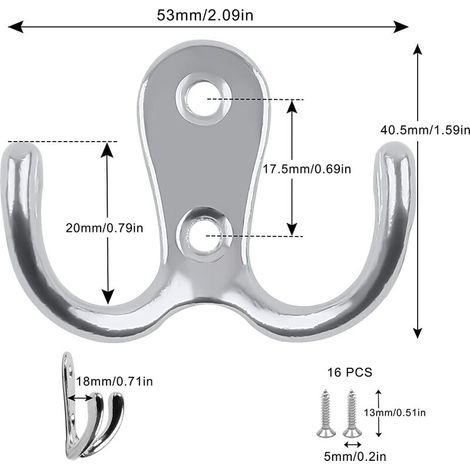 Ganchos dobles para abrigos, paquete de 6, ganchos de doble punta, ganchos cromados para abrigos, ganchos dobles para puertas, ganchos de pared plateados, perchas de metal con 24 tornillos para dormit (1/4)