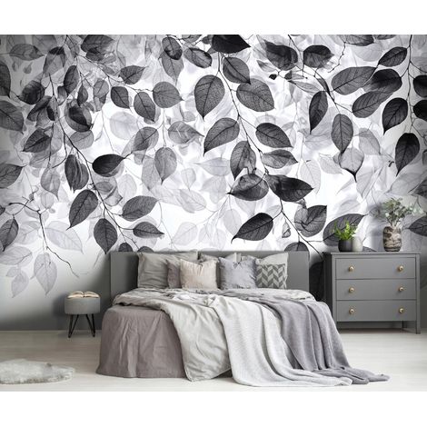 Fototapete Blätter Schwarz Weiß Hängend, für Wohnzimmer und Schlafzimmer, 150 x 105 cm – Komplettset inkl. Kleister & Anleitung (1/5)