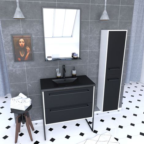 Set mobile da bagno 80x50 cm - lavabo nero effetto pietra + colonna nero opaco + specchio