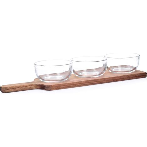 Set aus 3 Glasschalen auf einem Holztablett, 12 cm, Akazienholz (1/5)