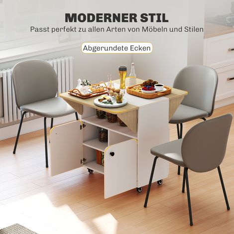 Table pliante avec meuble à roulettes, 2 rabats latéraux, rangement, 4 roues, blanc+bois naturel, 70 x 83 x 75cm (1/5)
