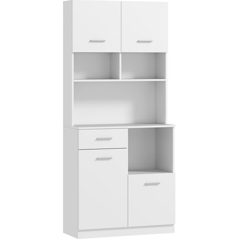 GagaMeuble garde-manger en bois avec tiroir 4 placards et 3 etageres ouvertes 80x35x180 cm Blanc (1/5)