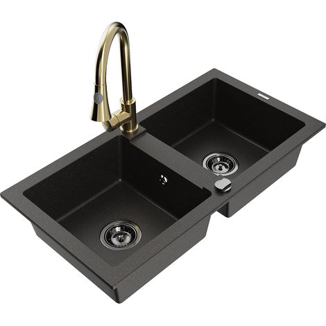 Mexen Mario fregadero de granito de 2 compartimentos con grifo de cocina Elia, negro/oro metálico - 6504-75-670101-50-B (1/5)