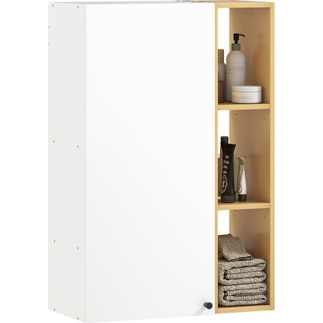Mobiletto da bagno a parete con anta a chiusura ammortizzata, mobiletto sospeso con cassetto, ripiani regolabili e 3 ripiani a giorno, per soggiorno, 59,5x30x90 cm, colore bianco e legno.
