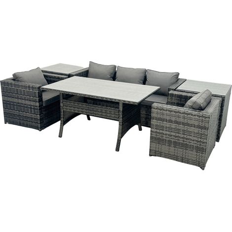 Fimous Outdoor Dining Table Sofa Armchair Set with 2 Side Tables Garden Furniture Set Dark Grey Mixed