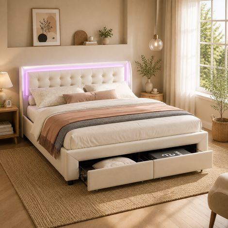 Lit coffre 180x200 cm beige avec sommier, lit double 180x200 velours avec rangement hydraulique, lit adulte avec 2 tiroirs, tête de lit nuage avec LED, cadre en métal (1/5)