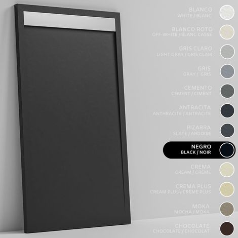 SOULBATH Receveur de Douche - Résine - Gel Coat - Texture Lisse/Pierre - Antidérapant - Couleur Noir 160X70 Extra plat 3Cm Grille Inox (1/5)