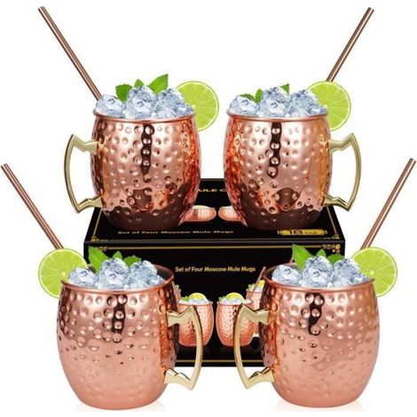 Lot de Verre Moscow Mule 4 Tasses Moscou Mule avec 4 Pailles VERRE A BIERE