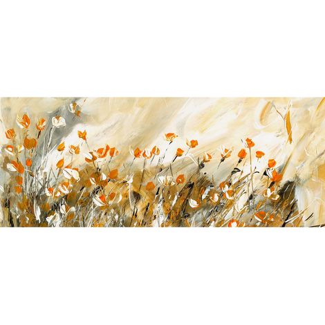Tableau coloré fleurs oranges sur fond doré | Tableau sur toile fleuri pour couloir | Tableau printemps fleurs de coquelicots - 1,0 x 0,4 m (1/2)