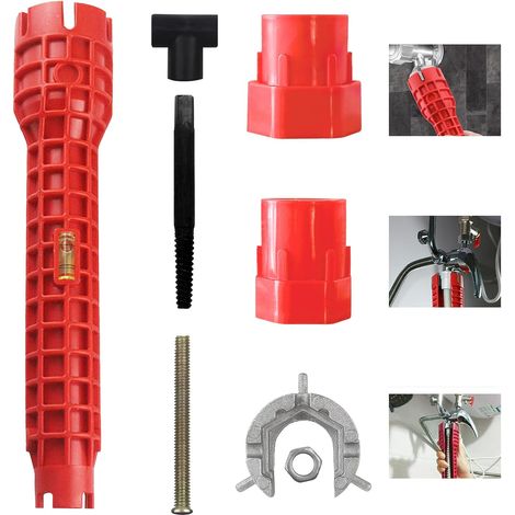 Clé de robinet 8 en 1 - Clé de tuyau d'eau avec prise en main confortable - Clé de robinet pour espace restreint - Ensemble de clés de robinet multifonctions pour lavabo, salle de bain, toilettes et