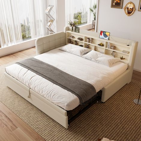 Canapé-lit 90x200 cm - avec lit gigogne - port USB + Type C - avec étagère de rangement - lin - beige (matelas non inclus) (1/5)