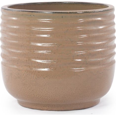 Pot de plante en céramique fait main Ø 26 cm, brillant brun clair avec rainures horizontales, adapté plantes d'intérieur et balcon (1/5)