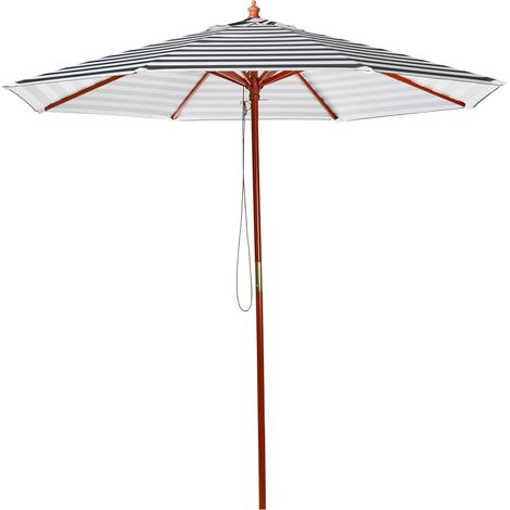 Parasol de Jardin ou de Terrasse à Rayures Noires et Blanches avec Pied en Bois, Diamètre 260 cm Toile Anti UV et Ouverture Facile avec Corde Beliani