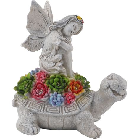 Ortviai Statue de jardin solaire en résine avec LED chaude – Tortue et ange pour extérieur, décoration de patio et pelouse