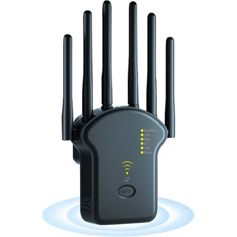 Répéteur Wi-FI, Amplificateur WiFi 1200 Mbit/s, Double Bande 2,4 GHz + 5 GHz, avec Mode Répéteur/Routeur/Point d'accès, 6 Antennes, Extension de Portée Wi-FI avec Port LAN/WAN (Noir) (1/5)