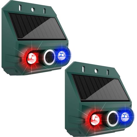 Seguridad exterior (2 unidades), dispositivo de seguridad impermeable IP55 con luz estroboscópica, para granja, jardín o patio, 4 configuraciones, sirena de 129 dB. (1/5)