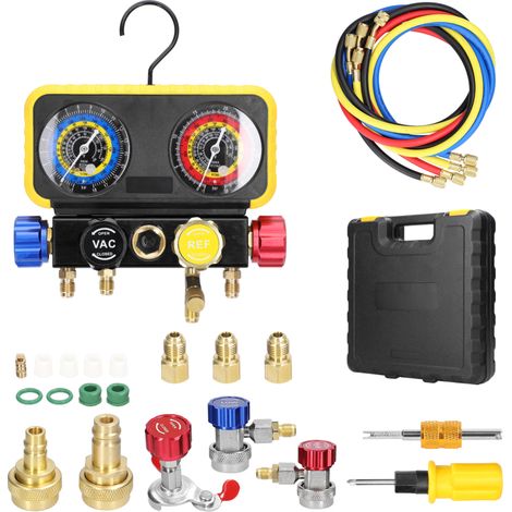 Kit de remplissage de réfrigérant pour climatiseur à double manomètre, kit d'entretien frigorifique à pression réglable, raccord en laiton, dispositif de réparation de climatiseur (1/5)