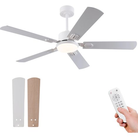 52-Zoll-Deckenventilator mit Licht und Fernbedienung, flacher moderner Deckenventilator für Schlafzimmer, 5 Flügel mit Doppelfinish in Weiß & Naturholzfarbe, dimmbares LED-Licht, reversibler 6-Gang-Mo