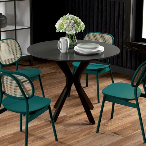 Tavolo da Pranzo Rotondo per 4 Persone, Tavolo da Cucina Moderno con Piano in Legno, Ø100x75cm, Nero (1/5)