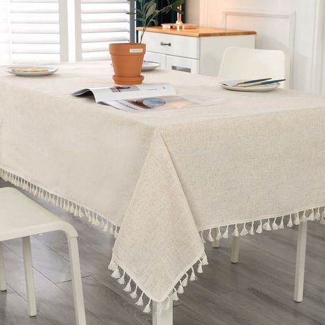 Beige, rechteckige, fleckenabweisende Tischdecke mit Quasten, waschbare Tischdecke aus Baumwolle und Leinen mit Fransen, wasserdichte Tischdecke für Küche und Esstisch, 140 x 180 cm (1/5)