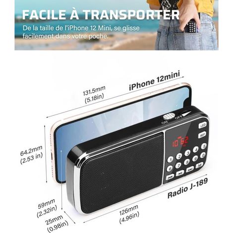 Radio Portable, 3W Mini Radio Portable Rechargeable avec Batterie Rechargeable 1200mAh, Poste Radio FM avec Double d’Haut-Parleur, Lampe Poche LED, Convient aux MP3/AUX/USB/TF (1/4)