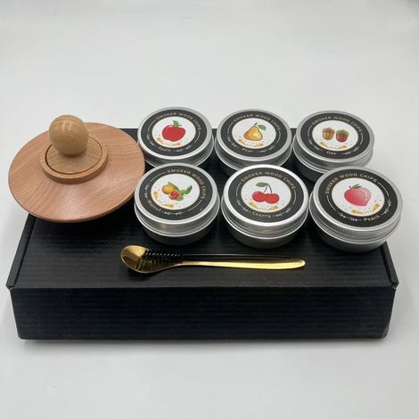 Kit fumoir à cocktails (A) : 6 saveurs, copeaux de bois, couvercle fumoir en bois, infuseur à boissons, accessoires de bar pour cocktails Old Fashioned, bourbon et whisky. Convient pour un bar à domic (1/5)