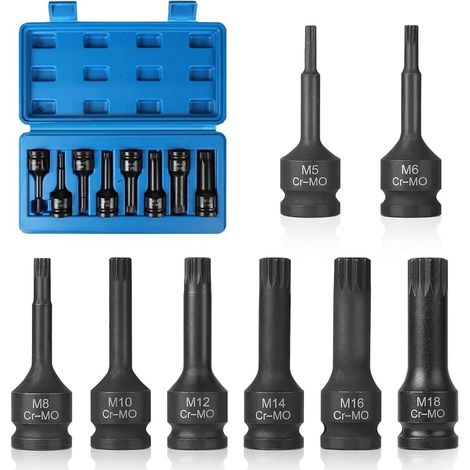 Jeu de 8 Douille XZN 1/2" M5, M6, M8, M10, M12, M14, M16, M18 Coffret Douille Long à Impact avec Boîte, Embouts à 12 Pans en CR-MO (1/5)