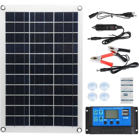 Pannello solare da 100 W + kit controller LCD da 10-100 A per roulotte, furgoni, barche, camper, auto/campeggio/attività all'aperto, caricabatterie con morsetto a coccodrillo, 42 x 28 cm (pannello sol