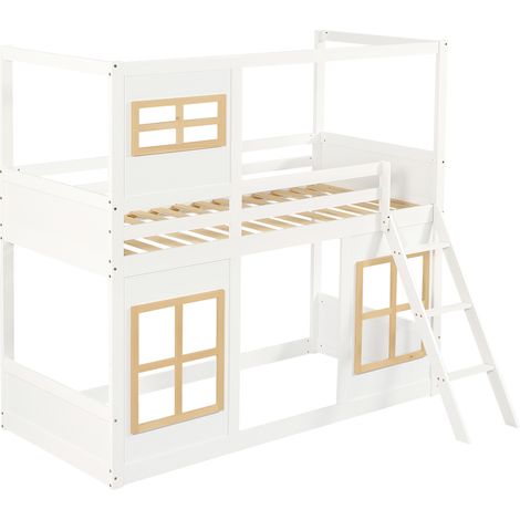 Lit superposé, lit pour enfant, avec de jolies fenêtres, échelle stable, avec garde-corps sur quatre côtés, pin + MDF + contreplaqué, blanc + naturel, 90x200cm (1/5)