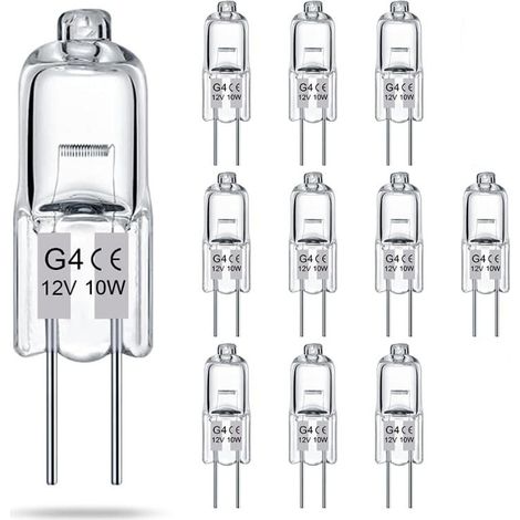 Paquete de 10 bombillas halógenas de baja tensión G4 transparentes, 12V 10W, regulables, de larga duración, con dos pines, para lámparas de cristal y difusores de aromaterapia (1/5)