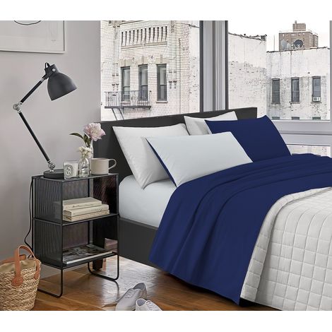 Set Lenzuola 100% Cotone Di Flanella Completo Letto Made In Italy Antipilling Bicolore Lenzuolo Sopra Sotto Federe  Bluscuro-Grigioscuro - Piazza e mezza (1/3)