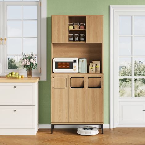 Armoire de cuisine 80x35x181 cm naturelle en MDF avec tri des déchets, niche micro-ondes et rangement vertical (1/5)