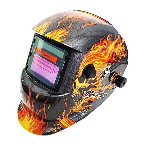 Casque de soudage à obscurcissement automatique, motif tête de mort enflammée, cagoule de soudage avec capteurs, alimentée par énergie solaire, avec plage de teintes réglable, grade 6