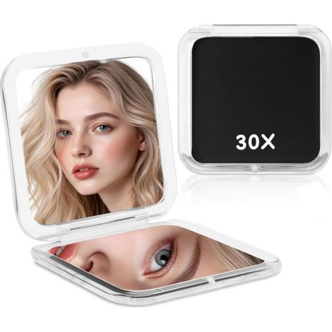 Miroir Compact 30X, 8.5x8.5cm Miroir Grossissant Pliable des Deux Côtés, Petit Miroirs avec Grossissement pour Sortir, Voyager et Se Maquiller (Noir)