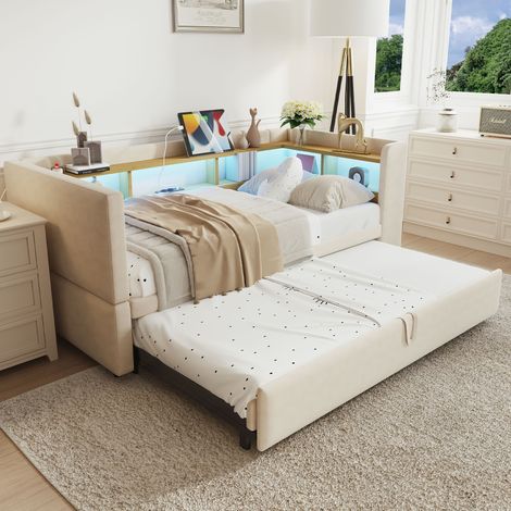 Cama infantil 90/180x190 cm con compartimentos luces LED y enchufes tapizado de franela color beige (Sin colchón) (1/5)