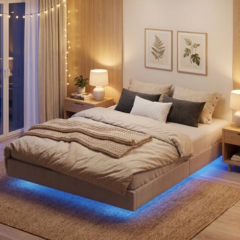 Lit Flottant 160x200 cm LED Intelligent, Cadre Double Rembourré Lin, Montage Facile, Beige (1/5)