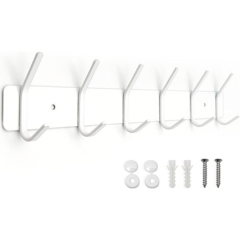 Patère murale en métal - Porte-manteau mural en acier inoxydable - Pour chambre à coucher, salle de bain - Porte-manteau pour vêtements, vestes - Blanc - 6 crochets (1/5)
