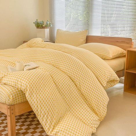 Bettwäsche Set Gelb Kariert 135x200cm mit Kissenbezug 80x80cm aus Mikrofaser