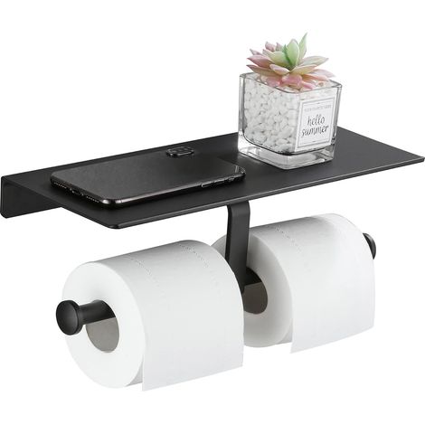 Porte Rouleau Papier Toilette avec Étagère Téléphone, Support Mural Double (Noir) (1/5)