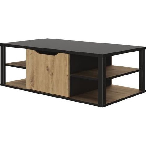 Calicosy – Table basse rectangulaire effet bois chêne/noir – Rangement central avec porte – Design industriel – Panneaux de particules durables (1/10)