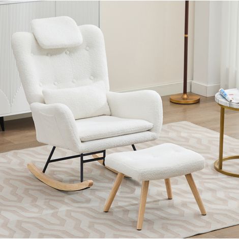 Silla mecedora de tela teddy blanca con reposapiés, 73 x 92 x 102 cm (1/5)