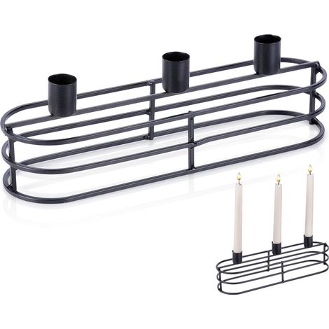 Candeliere in metallo nero per 3 candele, dimensioni 29,5x8,5x9,5 cm.