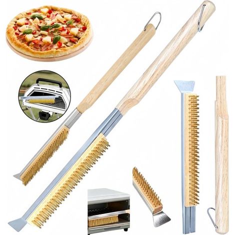 Ensemble de 2 brosses pour pierre à pizza (longue + courte) Brosses pour four à pizza Avec racleurs en acier inoxydable Poils en laiton Manches en bois (avec anneaux de suspension) Brosses pour gril O (1/5)