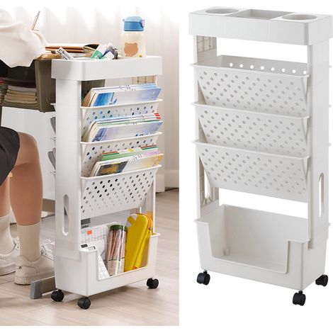 Bibliothèque mobile à cinq niveaux, avec roulettes, chariot à livres et dossiers, étagère de rangement et d'organisation pour bureau à domicile. (1/5)