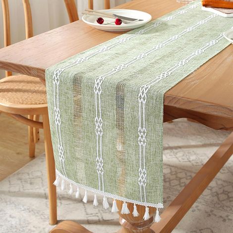 Chemin de table en lin avec pompons - Décorations de table lavables pour meubles, Noël, fête, cuisine, table basse, vacances, anniversaire, restaurants (180 x 33 cm, vert) (1/5)