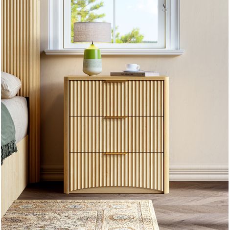 Comodino 58x38x64 cm rovere con 3 cassetti, pannelli scanalati e maniglie dorate (1/5)
