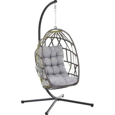Poltrona Sospesa a Dondolo Stile Boho in Polyrattan PE con Struttura in Metallo Catena e Morbido Cuscino Grigio Godrano (1/5)